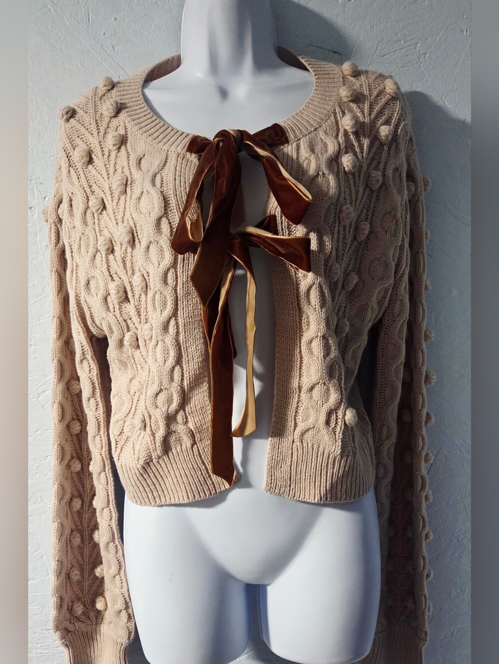 NWT Listicle Blush Cable Knit Pompom Cardigan With Velvet Bows - M
